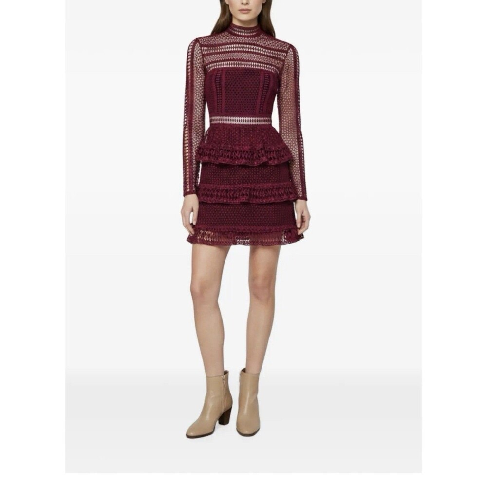 Self-Portrait Burgundy Lace Ruffled Women’s Size 6 Mini Dress